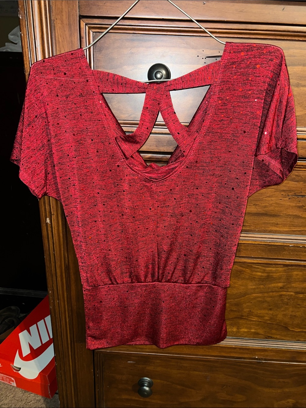 HeartSoul Red Drape-Back Womens Top with Glitter Detail - Picture 2 of 2